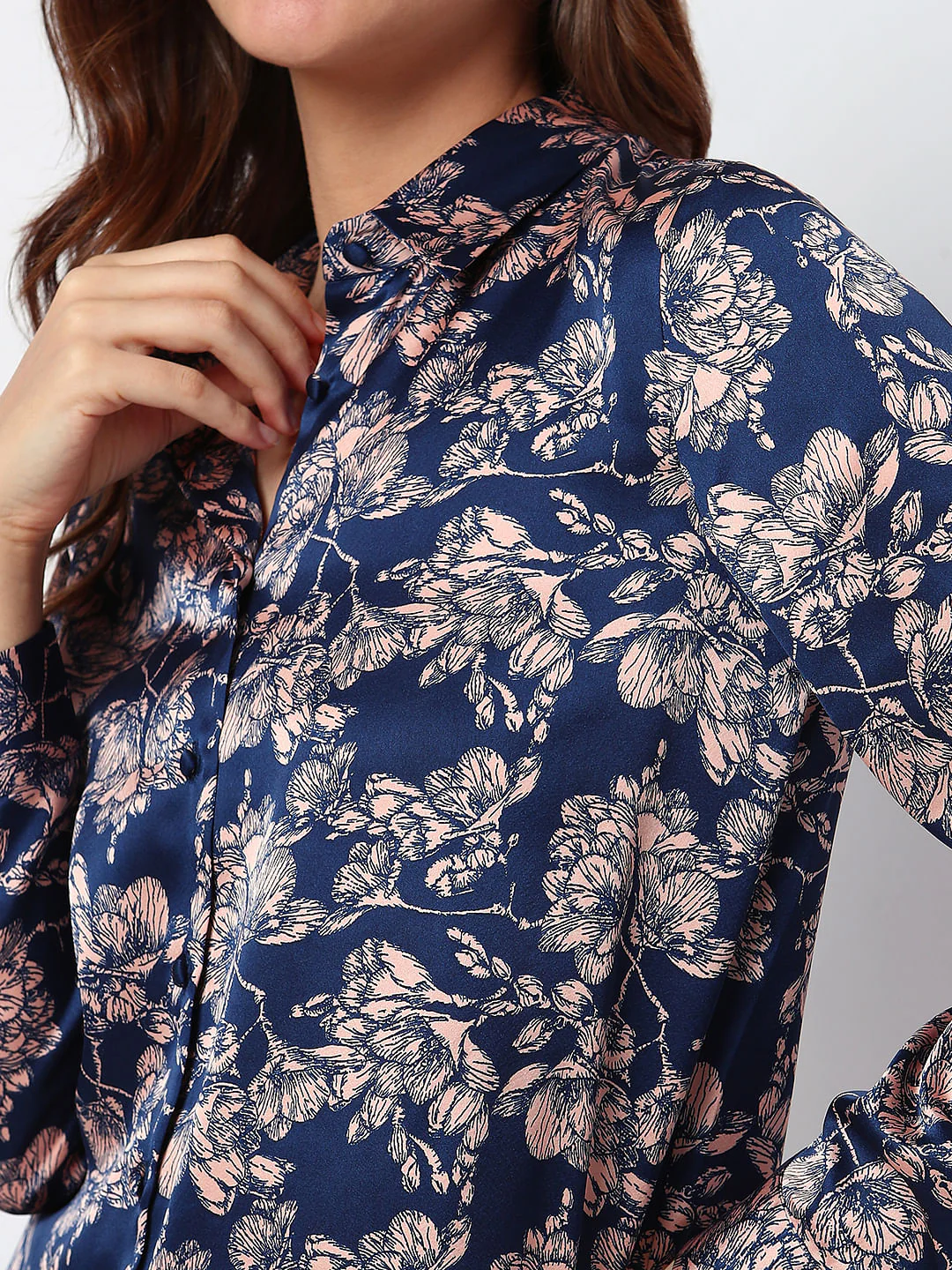 Navy Blue Floral Satin Shirt - Image 6