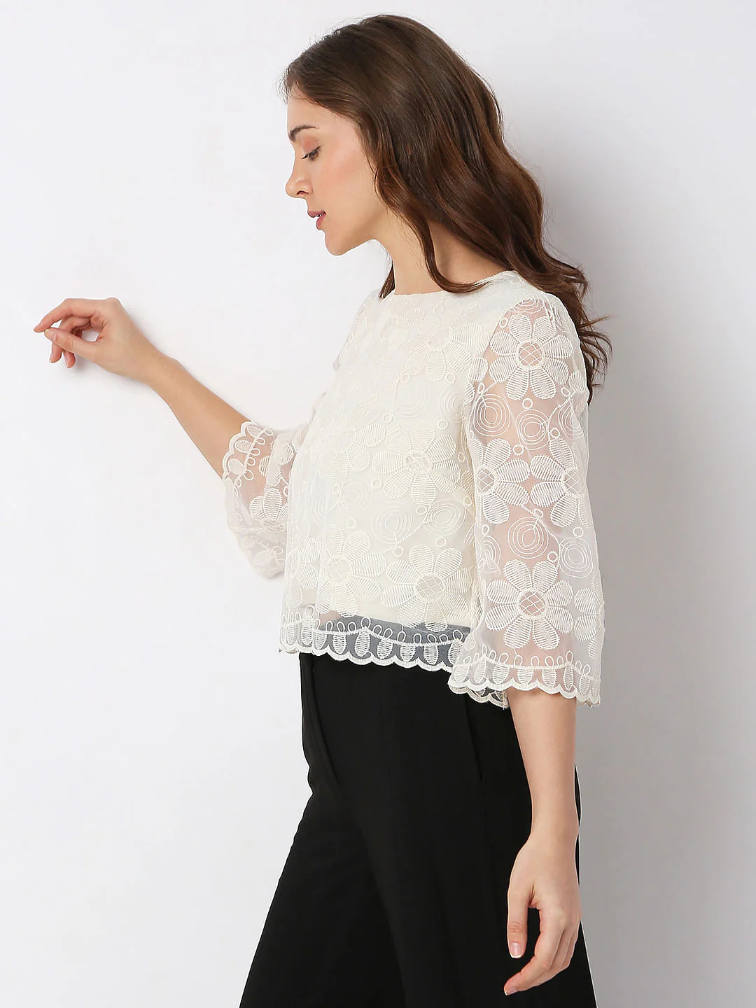 Beige Embroidered Lace Co-Ord Set Top - Image 3