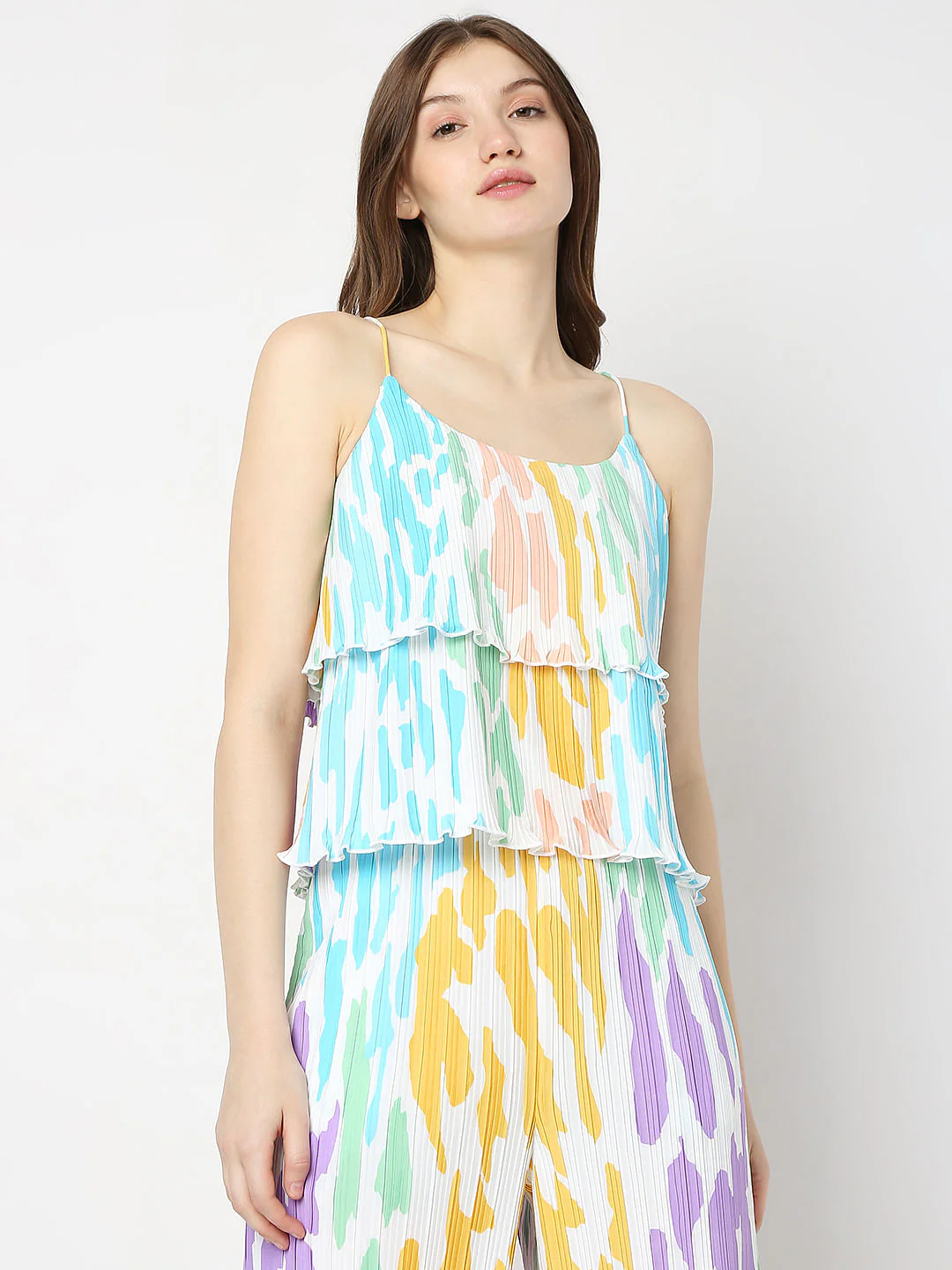 White Colourblocked Plisse Co-Ord Set Top - Image 2