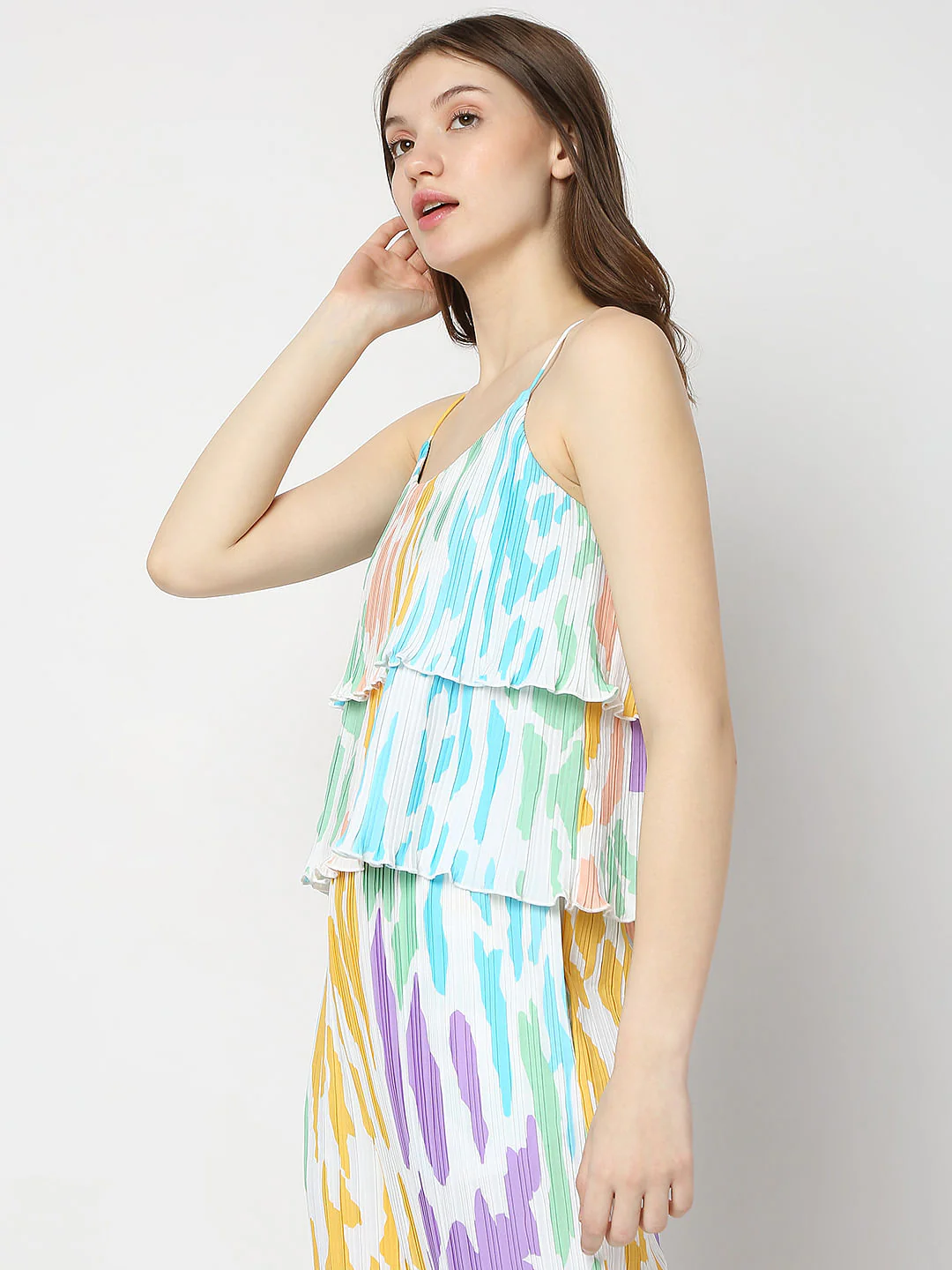 White Colourblocked Plisse Co-Ord Set Top - Image 3