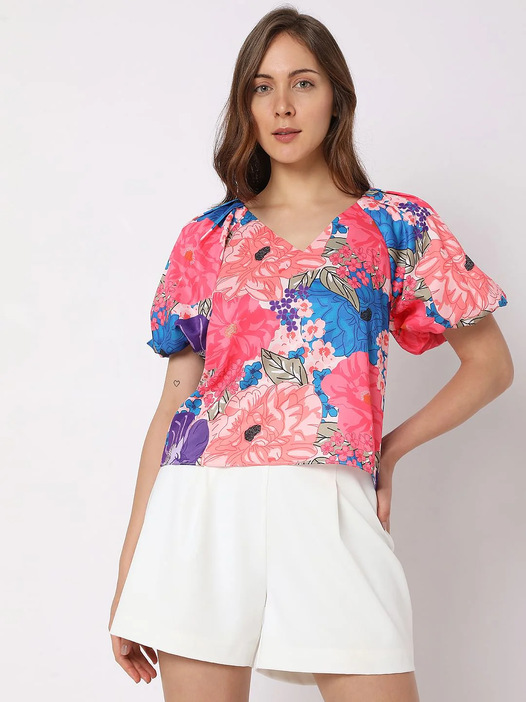 Pink Floral Balloon Sleeve Top - Image 2