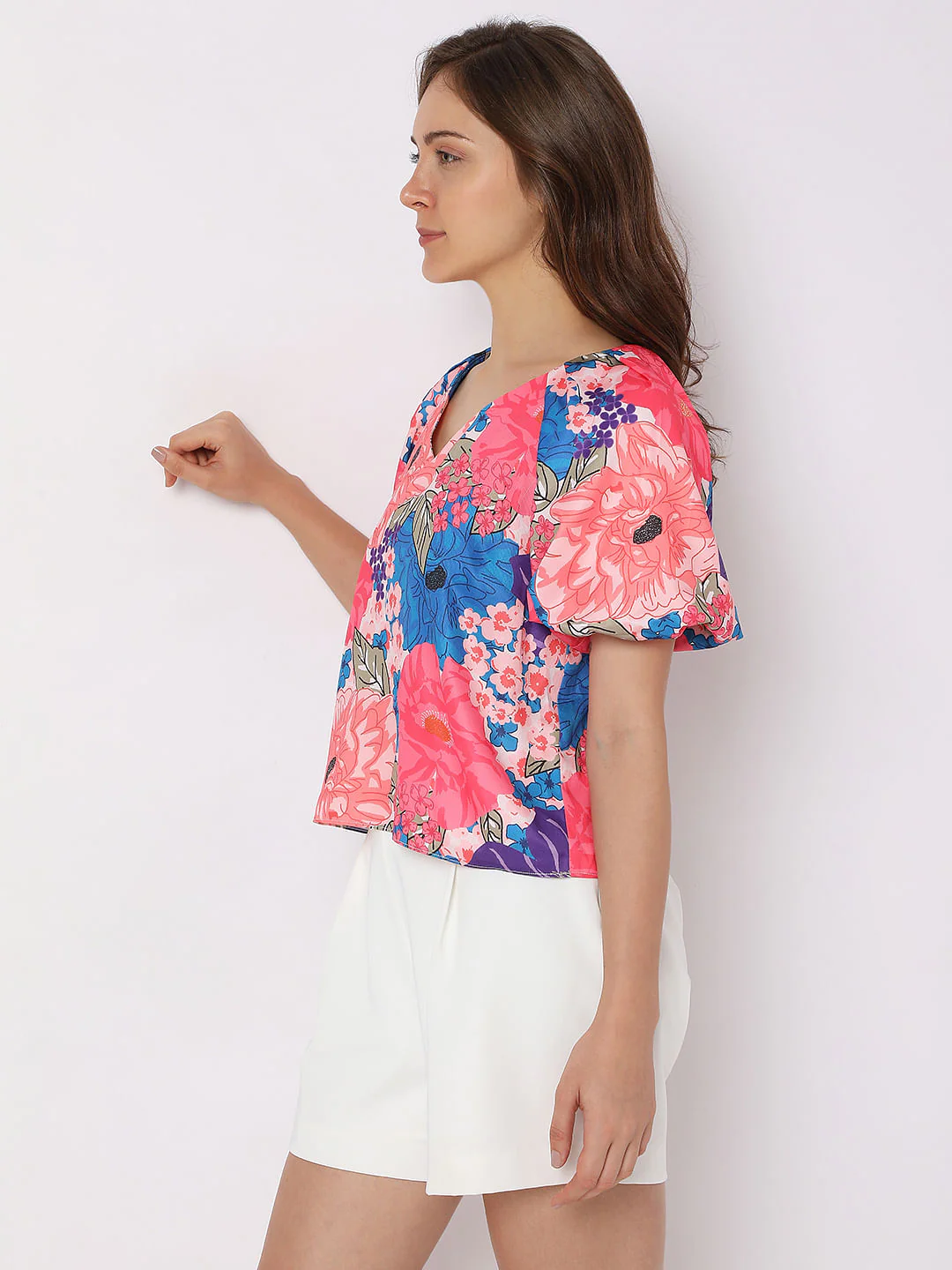 Pink Floral Balloon Sleeve Top - Image 3