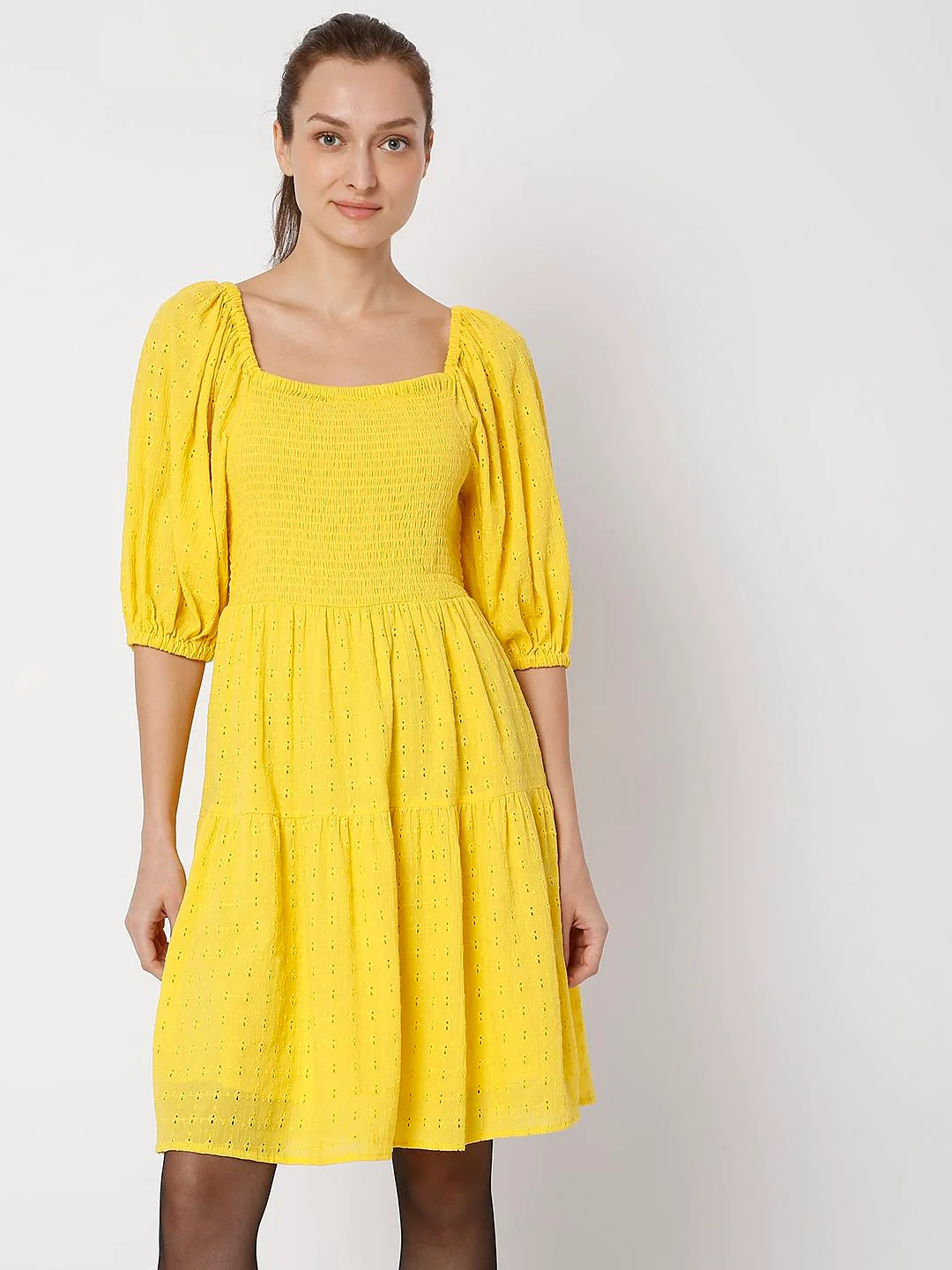 Yellow Schiffli Mini Dress - Image 2
