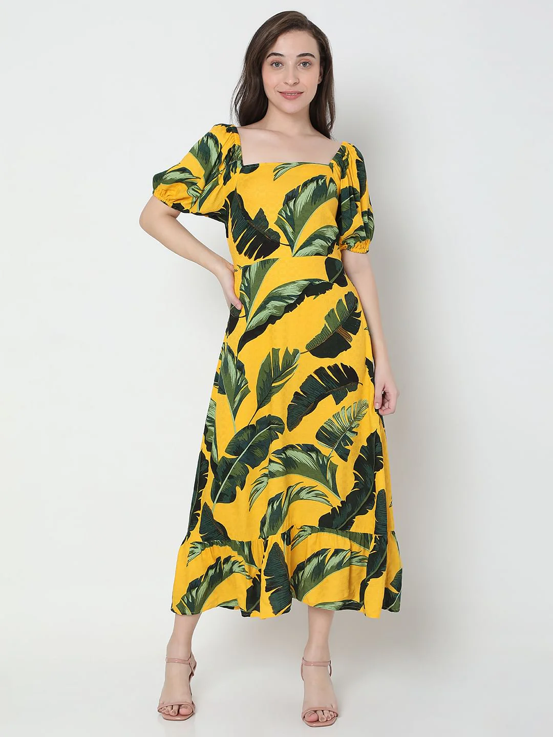 Yellow Tropical Print Midi Dress - Image 2