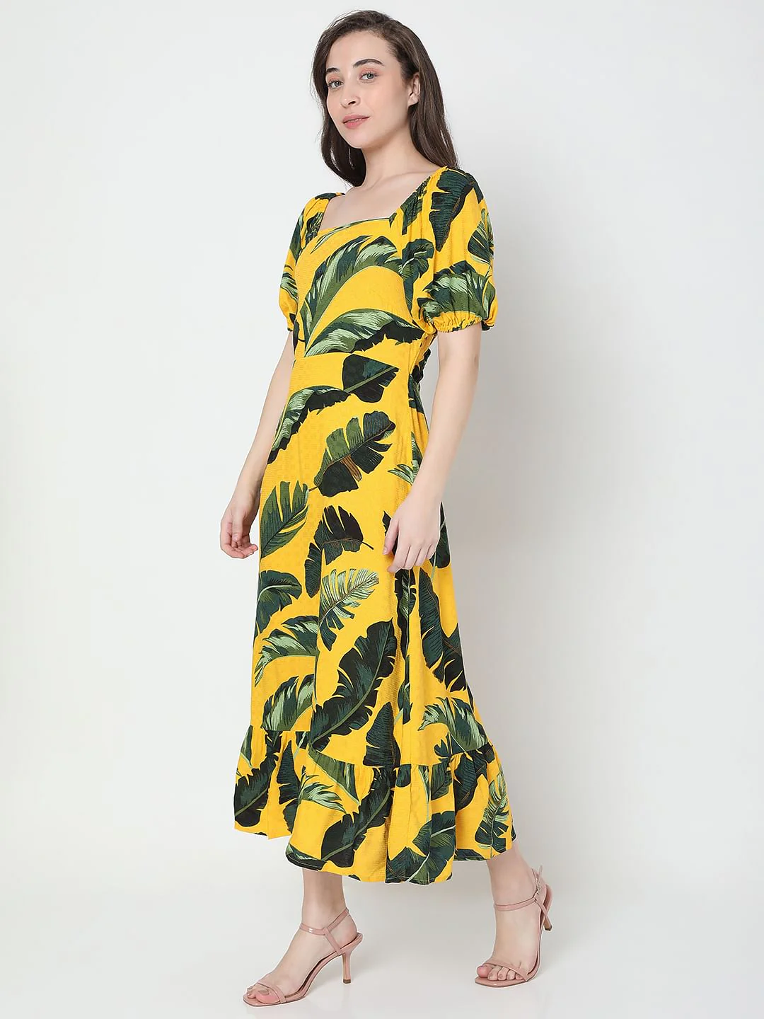 Yellow Tropical Print Midi Dress - Image 3