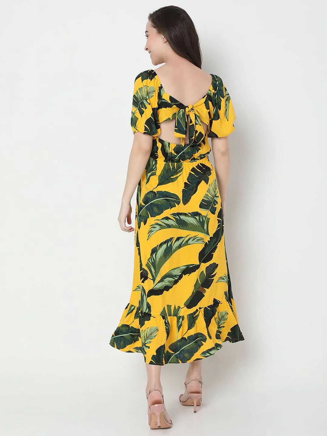 Yellow Tropical Print Midi Dress - Image 4