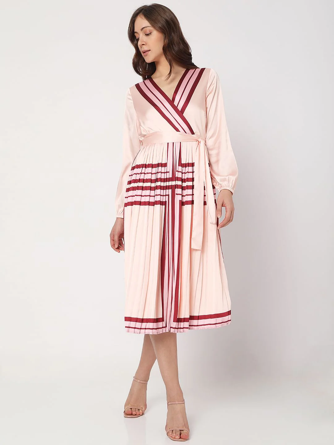 Pink V-Neck Pleated Midi Dress - Image 2