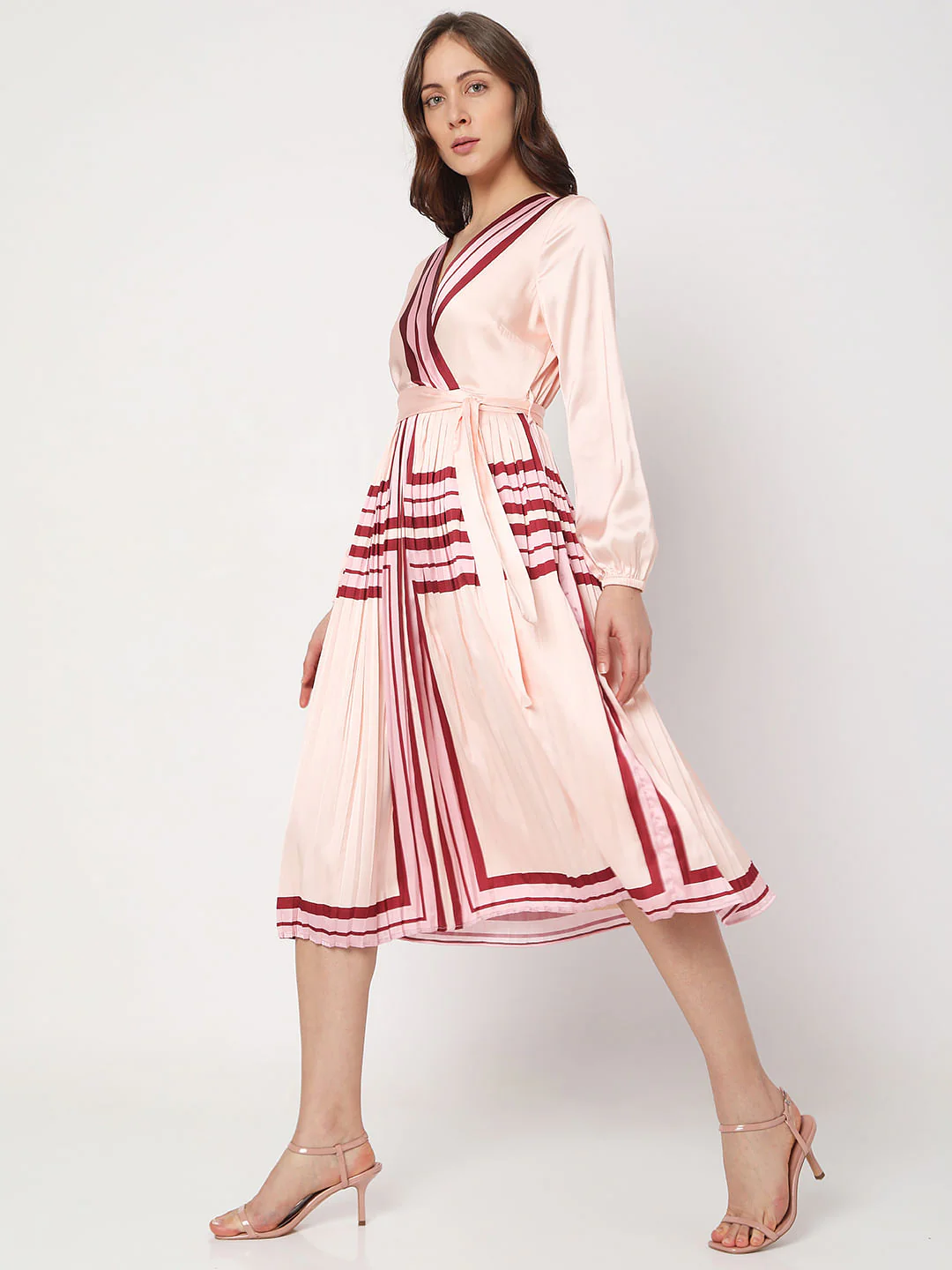 Pink V-Neck Pleated Midi Dress - Image 3