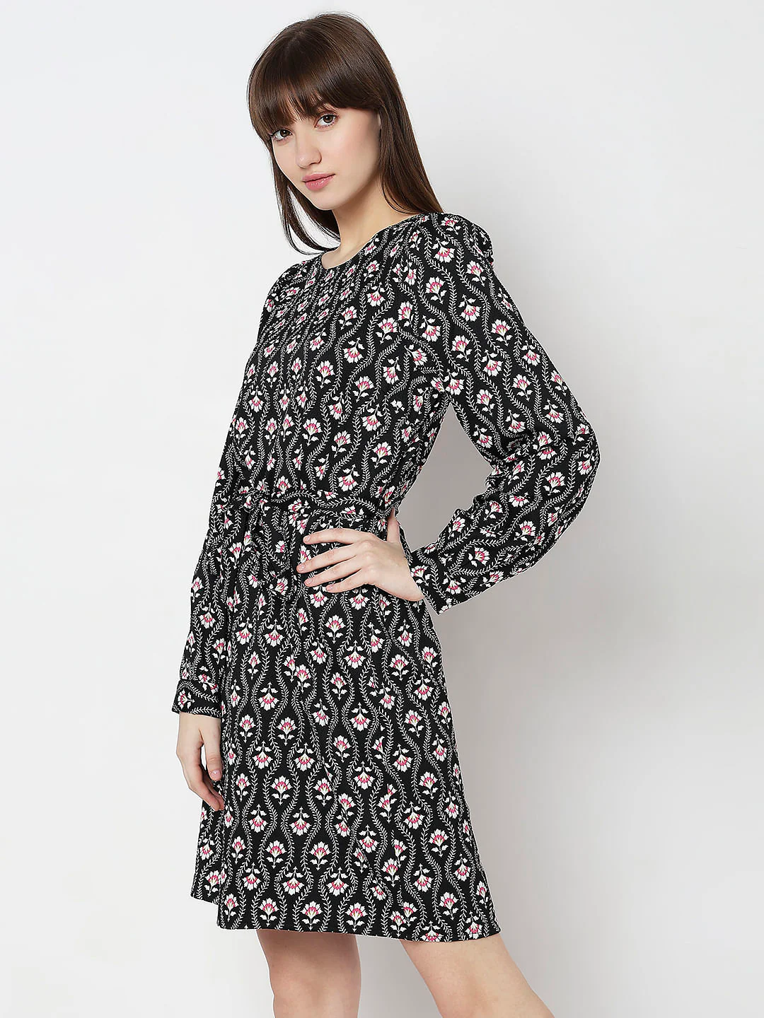 Black Floral Print Dress - Image 3