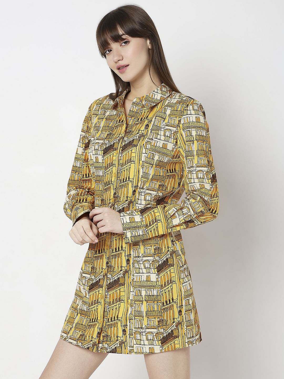 Yellow Abstract Print Shirt Dress - Image 3