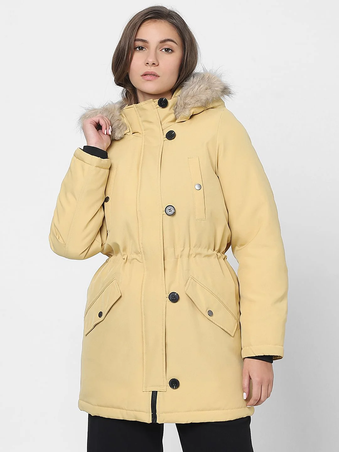 Light Yellow Faux Fur Parka Jacket - Image 2