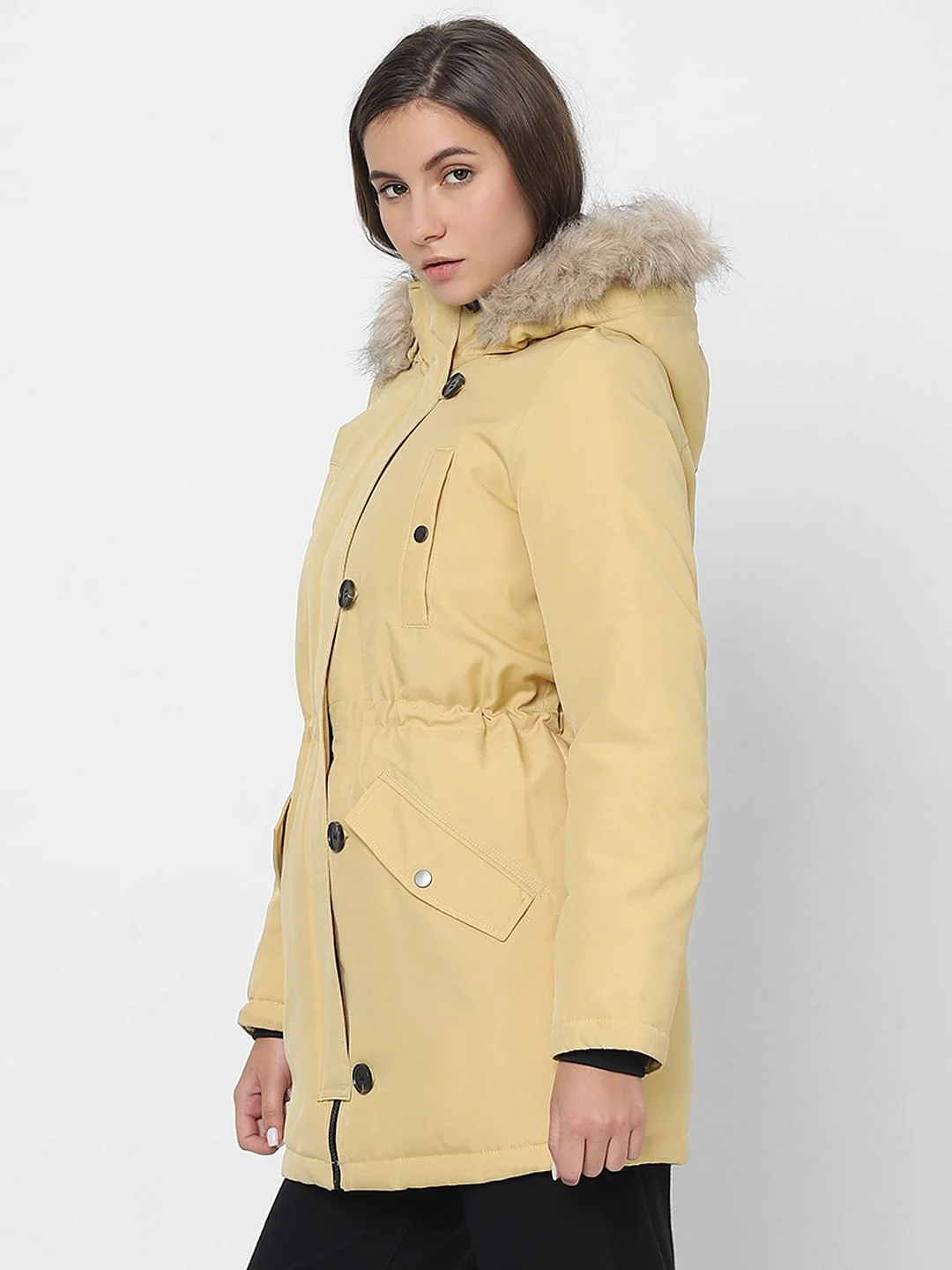 Light Yellow Faux Fur Parka Jacket - Image 3
