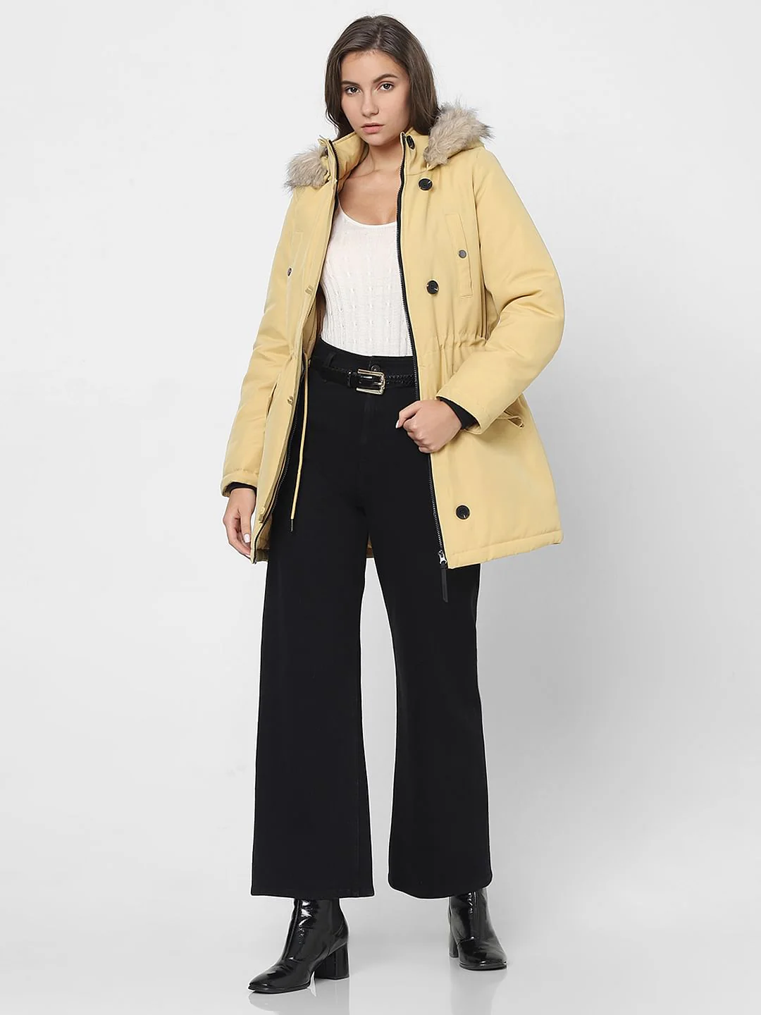 Light Yellow Faux Fur Parka Jacket - Image 5