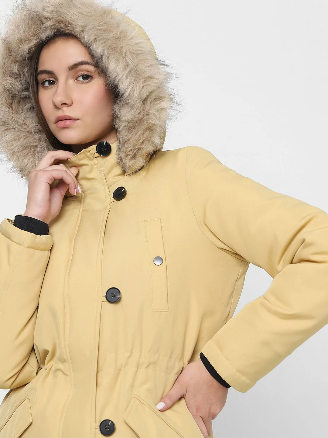 Light Yellow Faux Fur Parka Jacket - Image 8