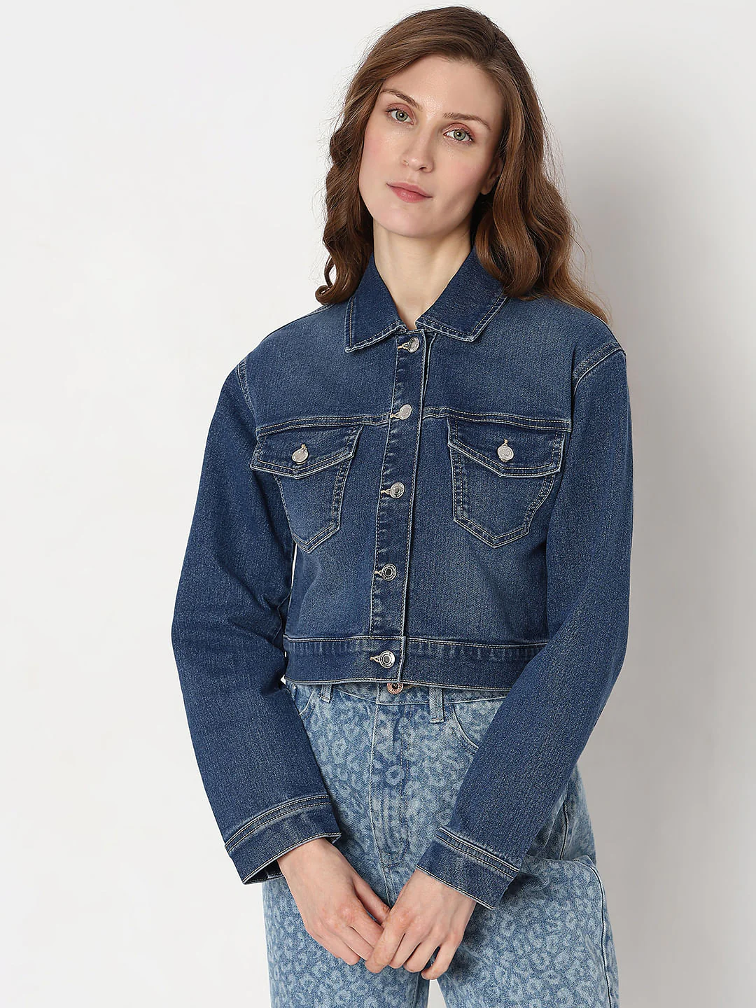 Dark Blue Cropped Denim Jacket - Image 2