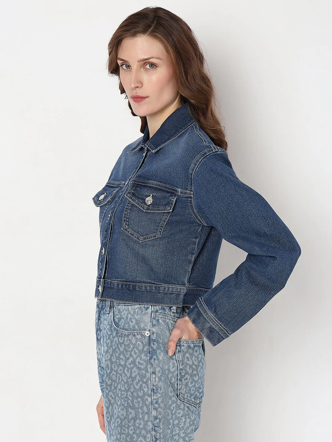 Dark Blue Cropped Denim Jacket - Image 3