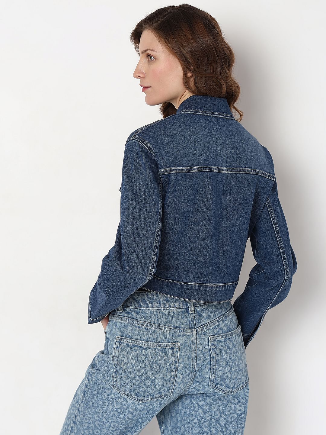 Dark Blue Cropped Denim Jacket - Image 4