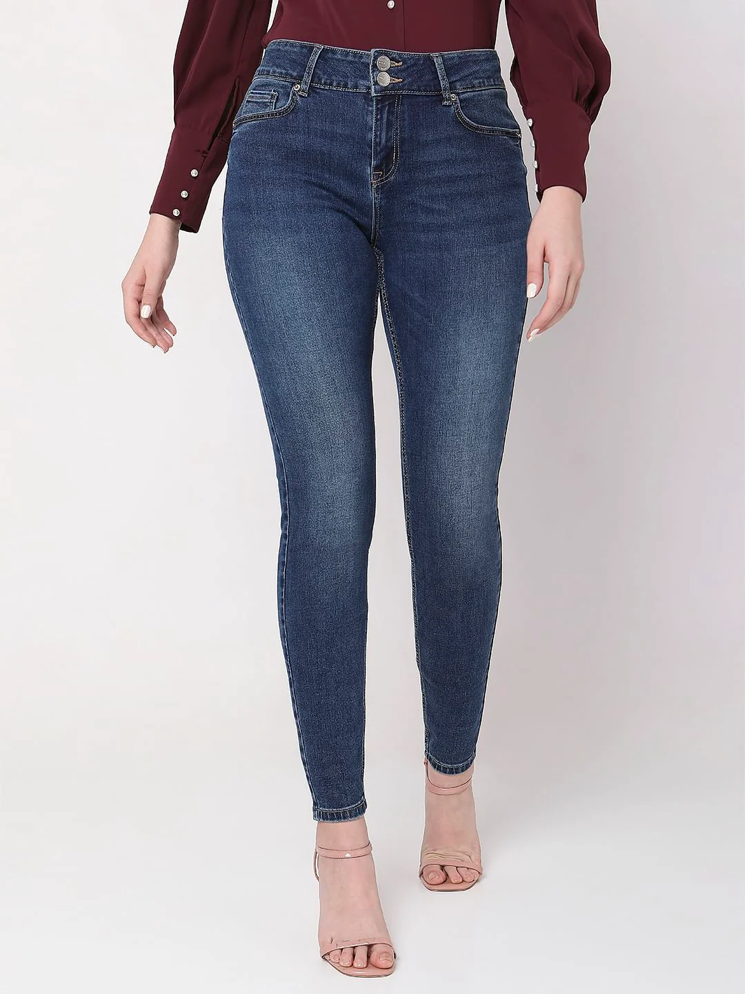 Dark Blue Mid Rise Ankle Length Slim Jeans - Image 2