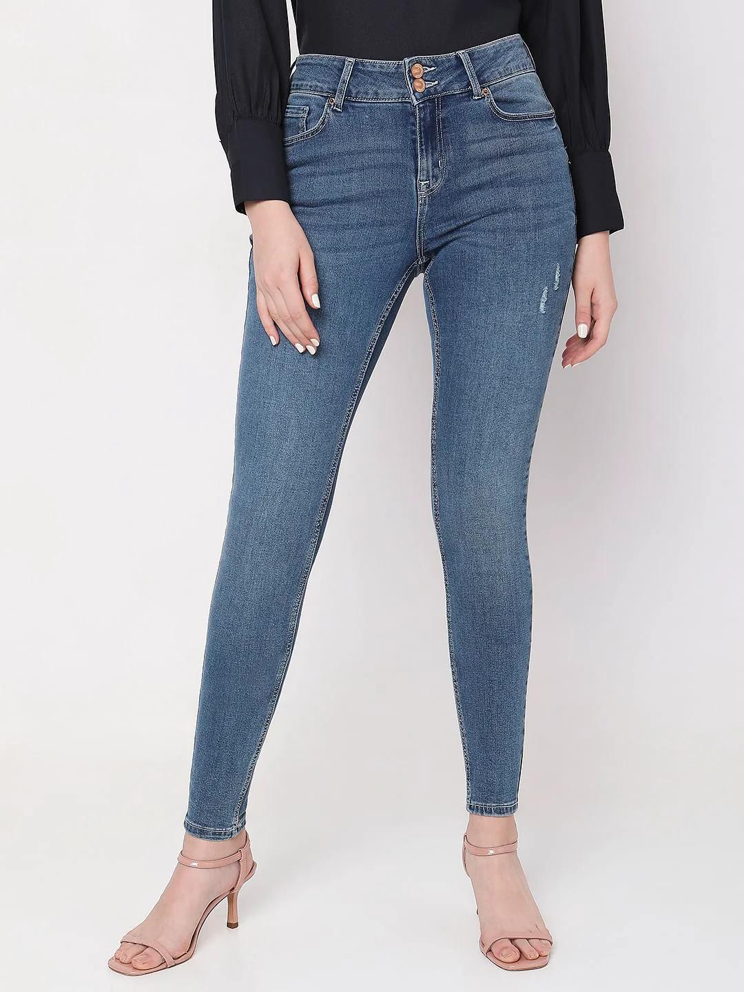 Blue Mid Rise Mildly Distressed Slim Jeans - Image 2