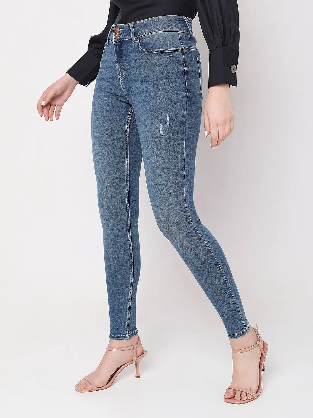 Blue Mid Rise Mildly Distressed Slim Jeans - Image 3