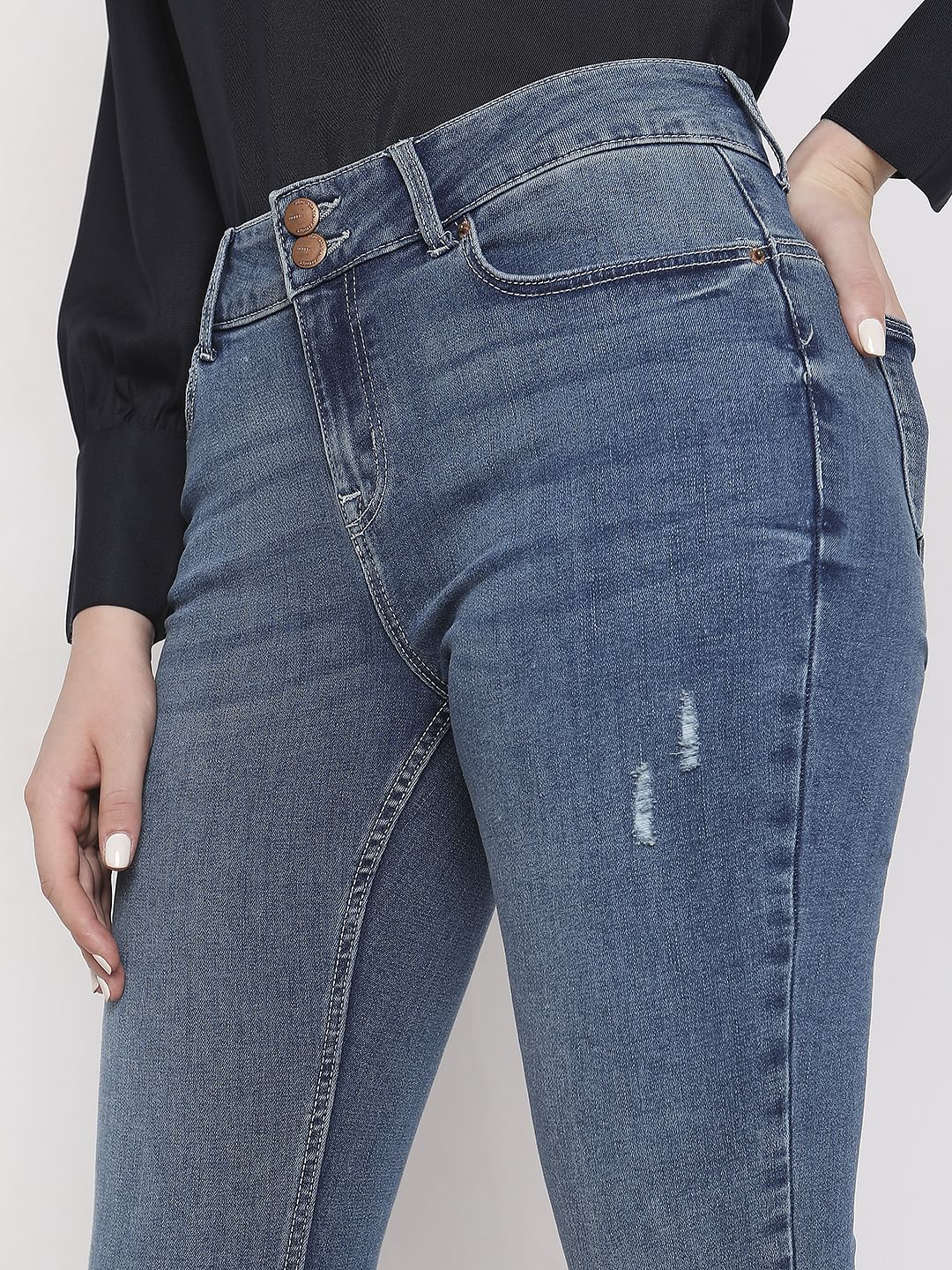 Blue Mid Rise Mildly Distressed Slim Jeans - Image 5