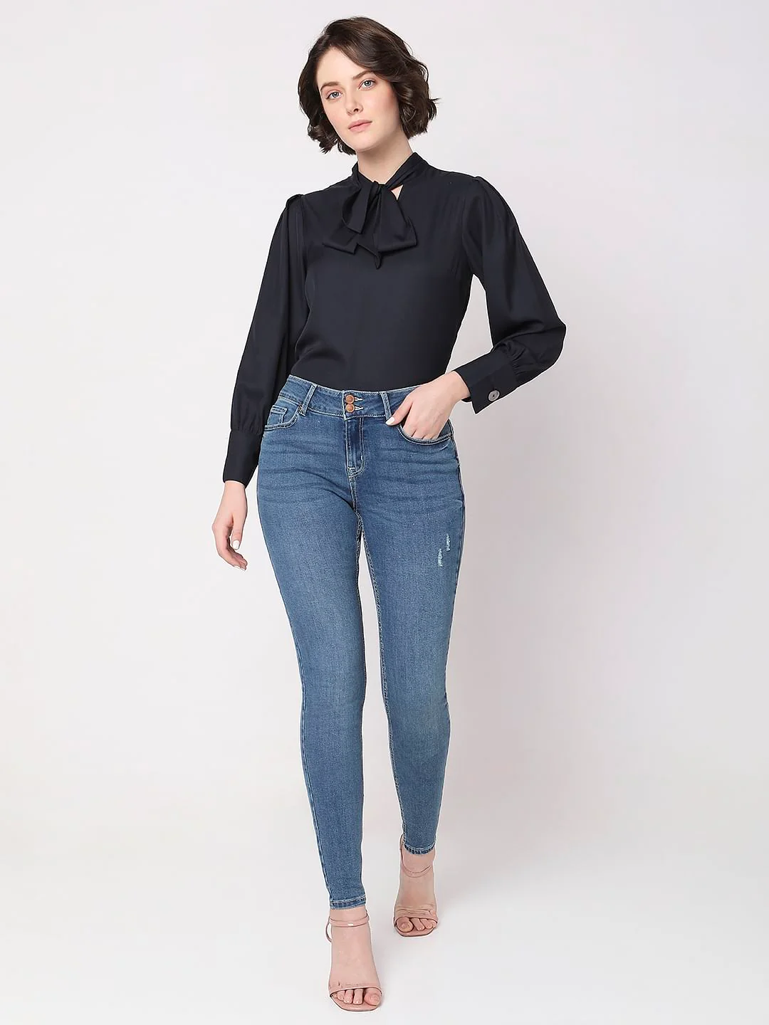 Blue Mid Rise Mildly Distressed Slim Jeans - Image 6