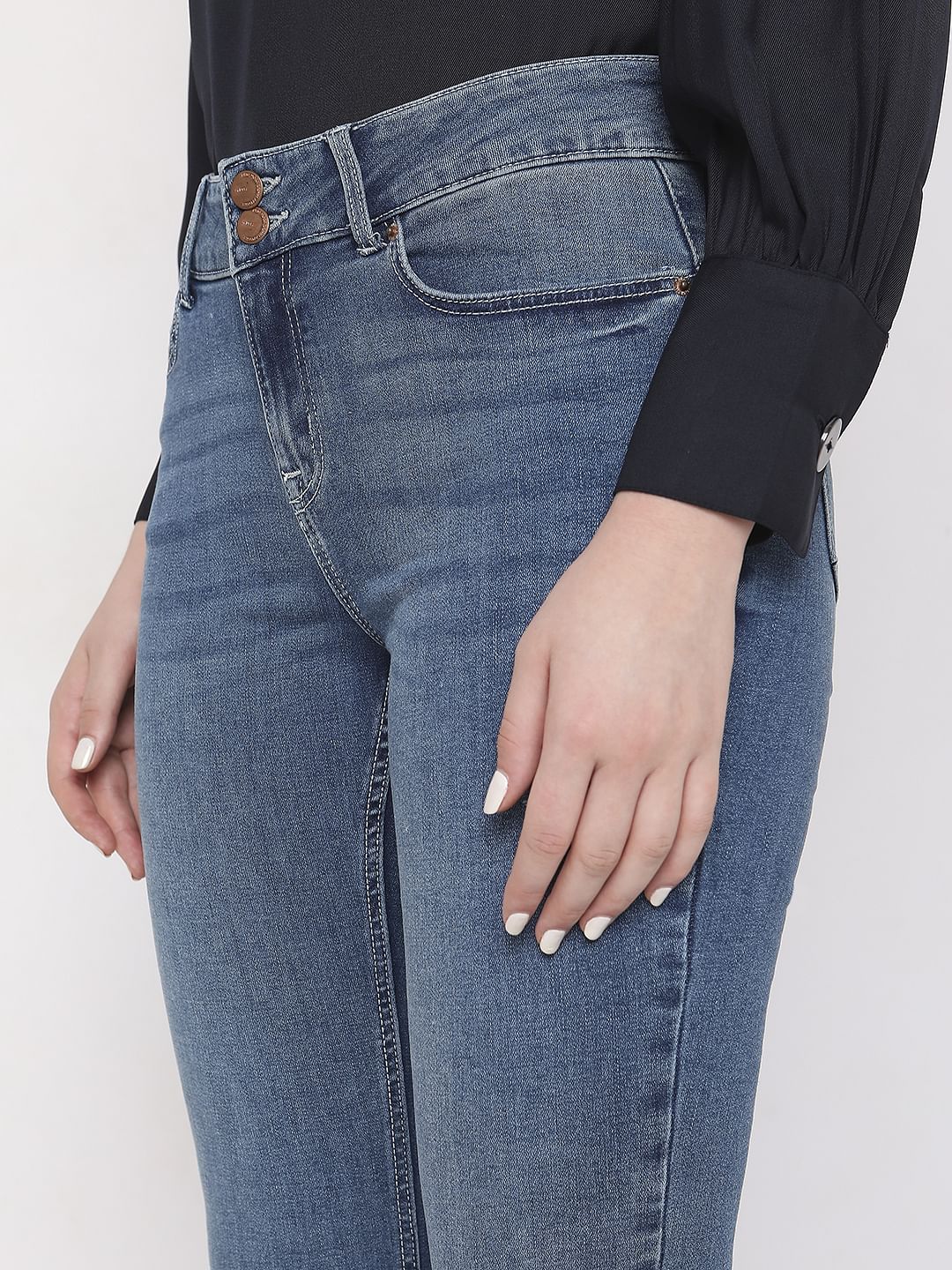 Blue Mid Rise Mildly Distressed Slim Jeans - Image 8