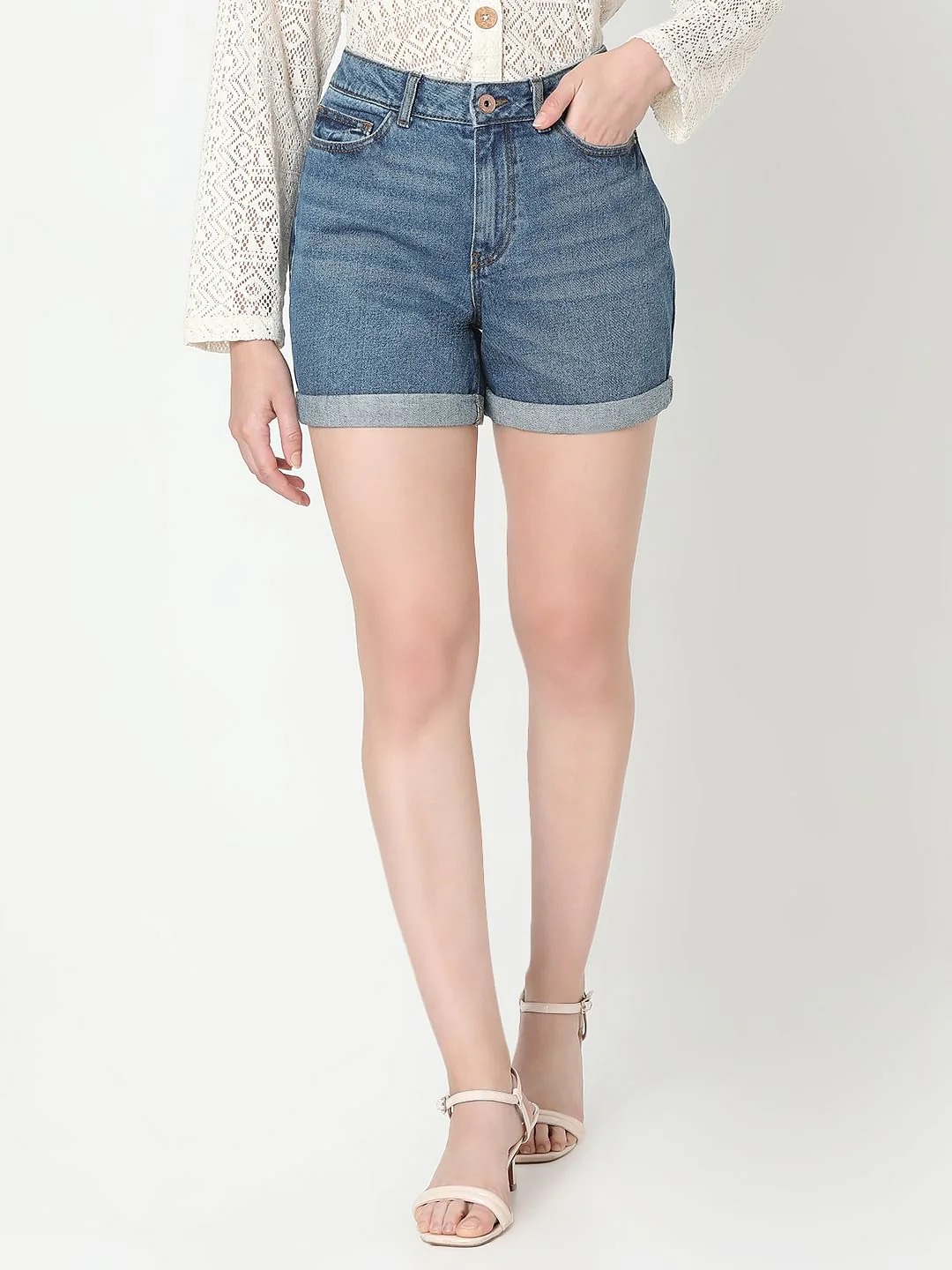 Blue High Rise Denim Shorts - Image 2