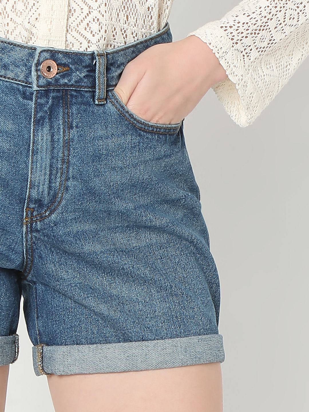 Blue High Rise Denim Shorts - Image 6