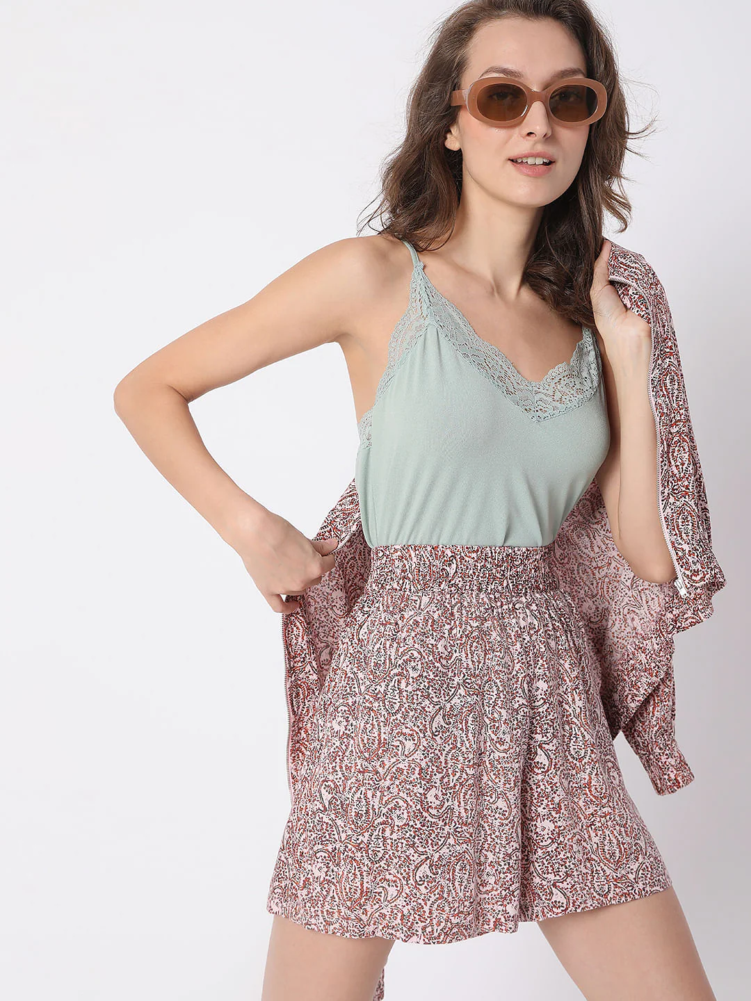Pink High Rise Co-Ord Abstract Print Shorts