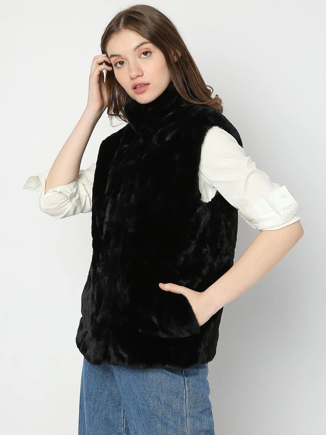 Black Faux Fur Waistcoat - Image 3
