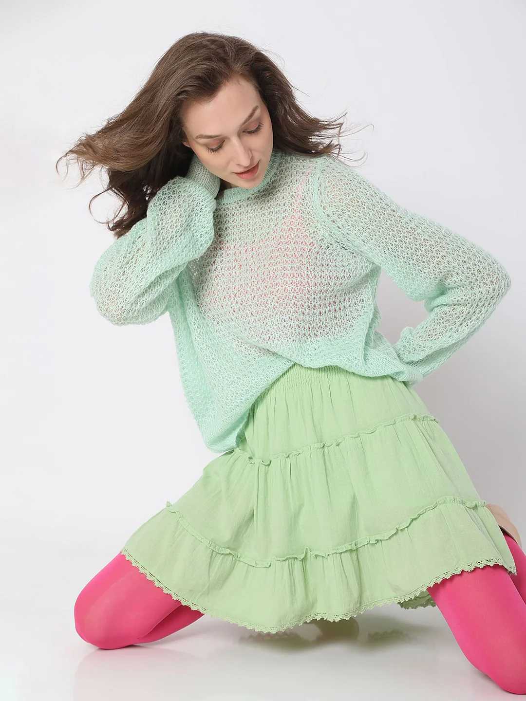 Green High Rise Tiered Co-Ord Set Skirt