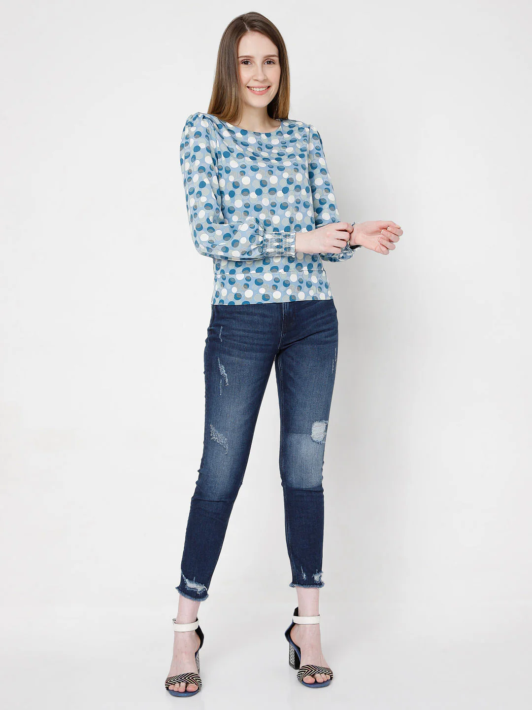 Blue Polka Dot Print Top - Image 4