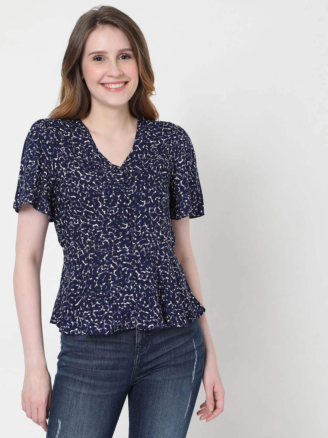 Blue Printed V Neck Top