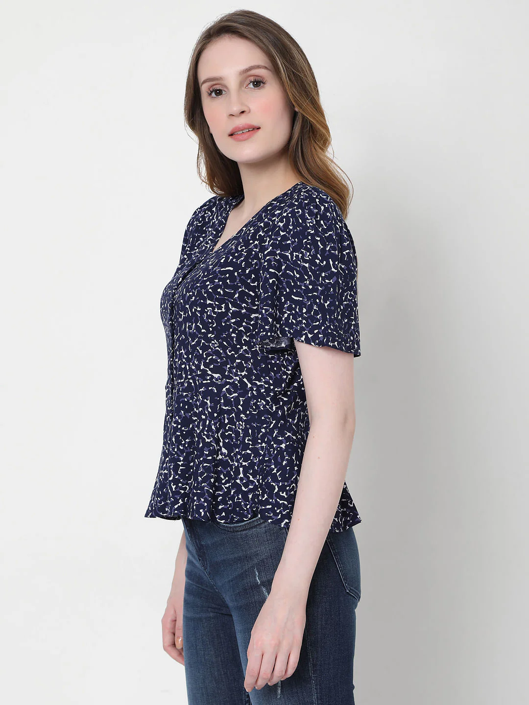 Blue Printed V Neck Top - Image 2