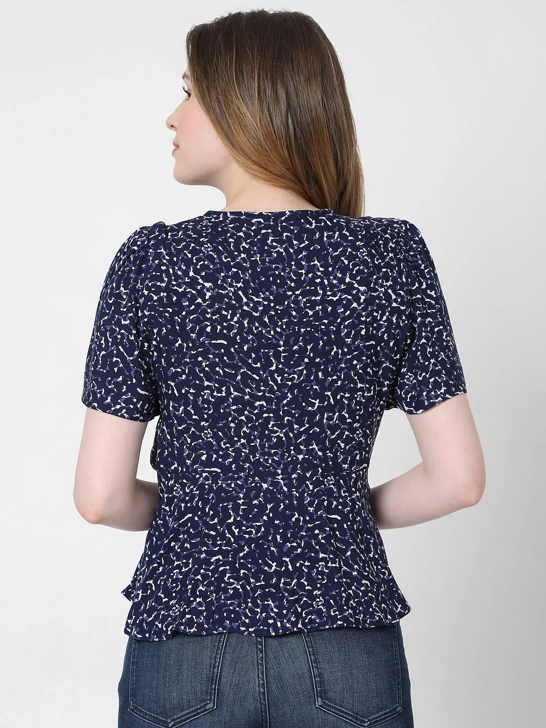 Blue Printed V Neck Top - Image 3