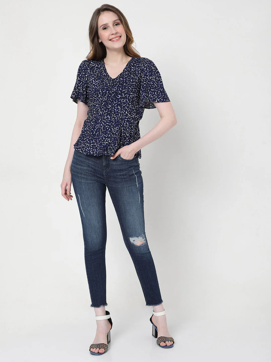 Blue Printed V Neck Top - Image 4