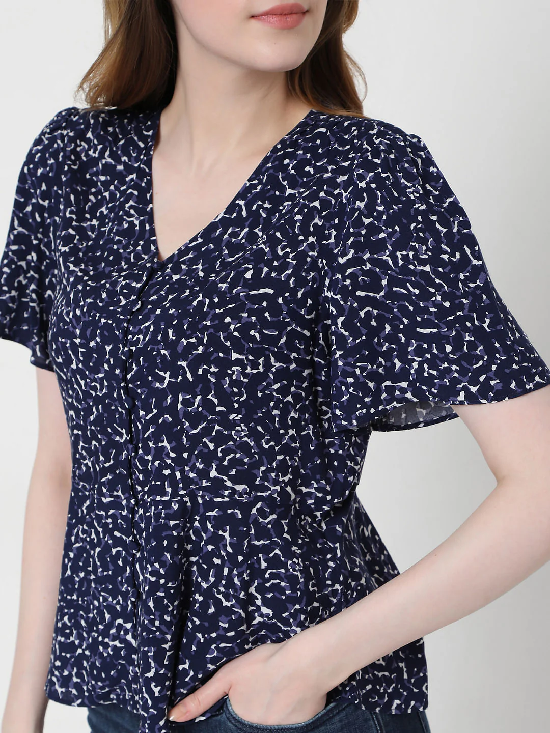 Blue Printed V Neck Top - Image 5