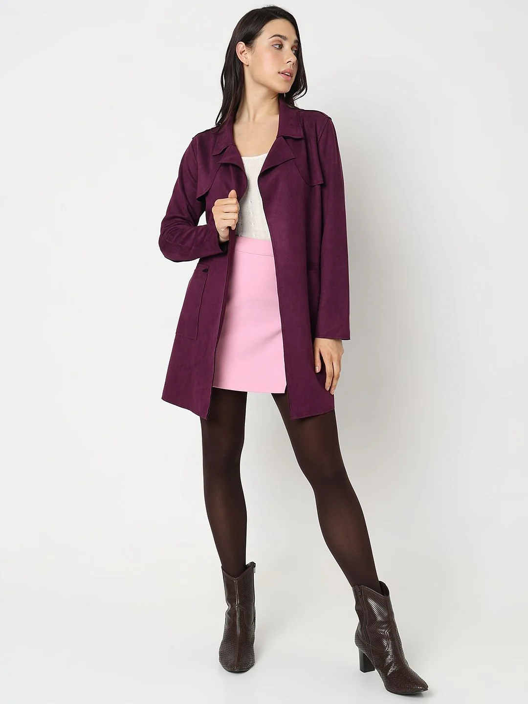 Purple Faux Suede Mid Length Jacket - Image 5