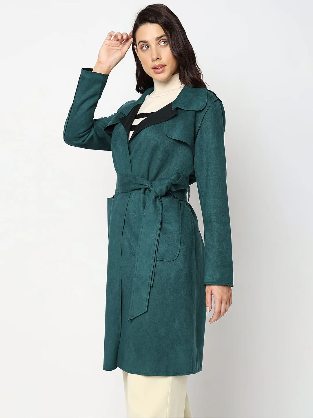 Green Faux Suede Long Jacket - Image 3