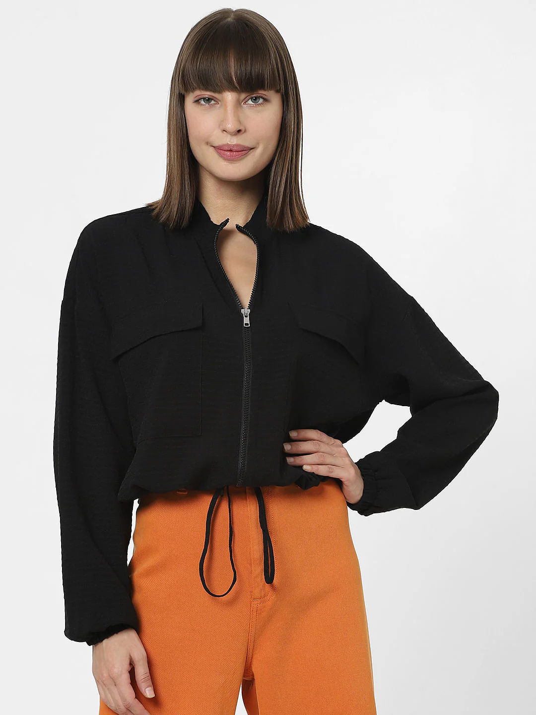 Black Cropped Bomber Jacket - Image 2