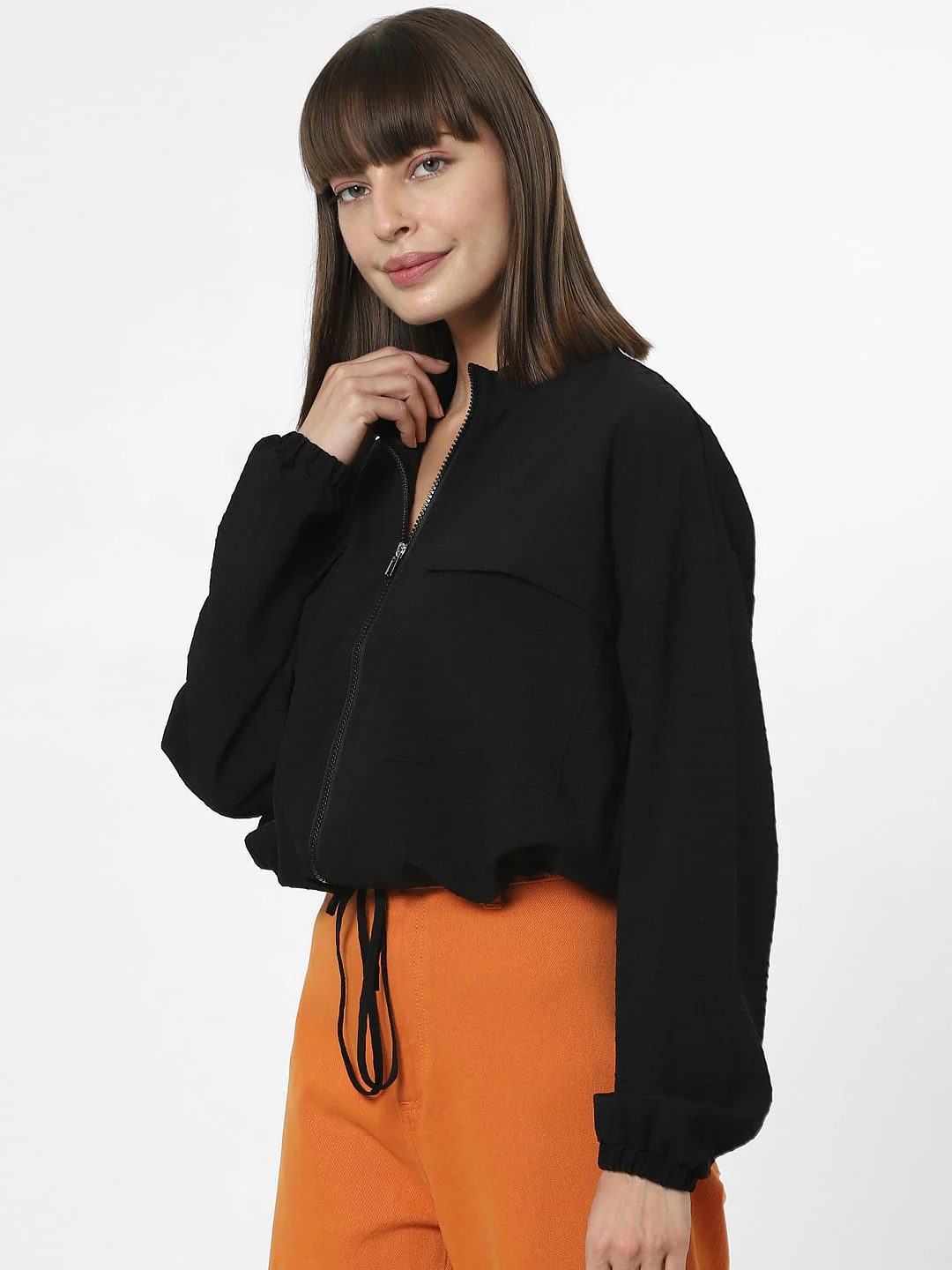 Black Cropped Bomber Jacket - Image 3