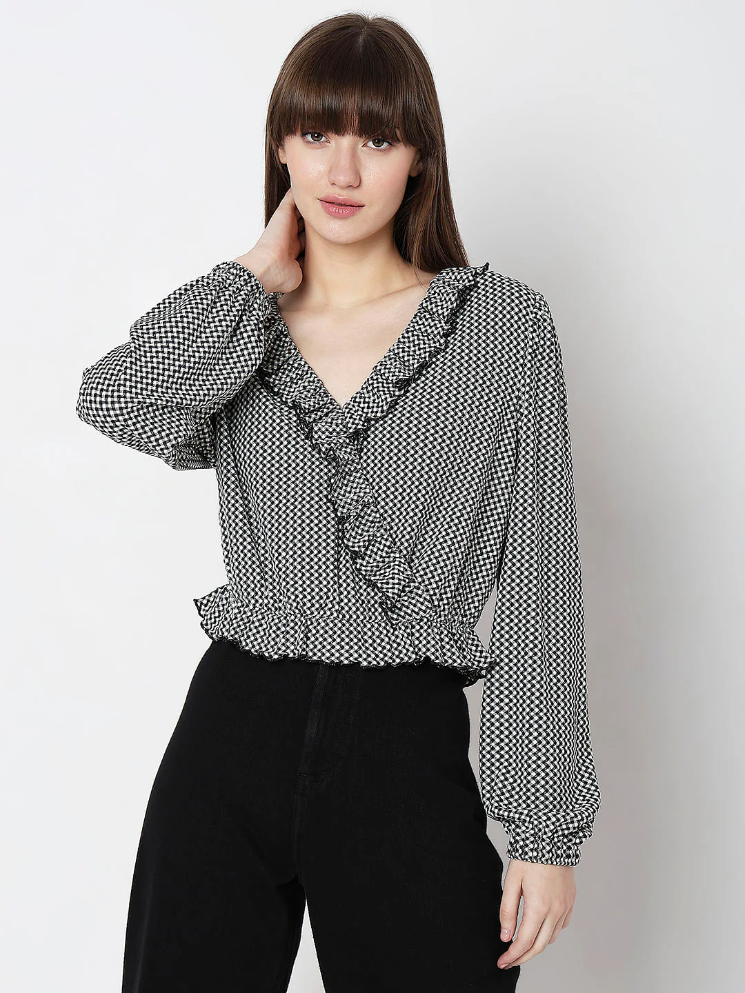 Black Printed Ruffle Detail Top - Image 2