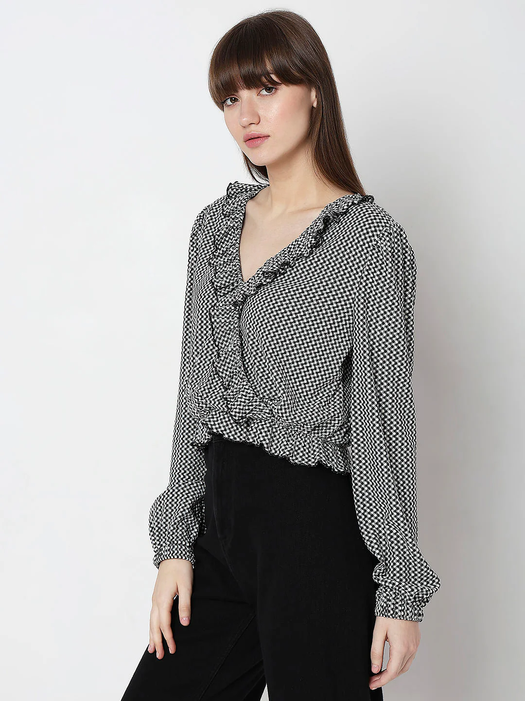 Black Printed Ruffle Detail Top - Image 3