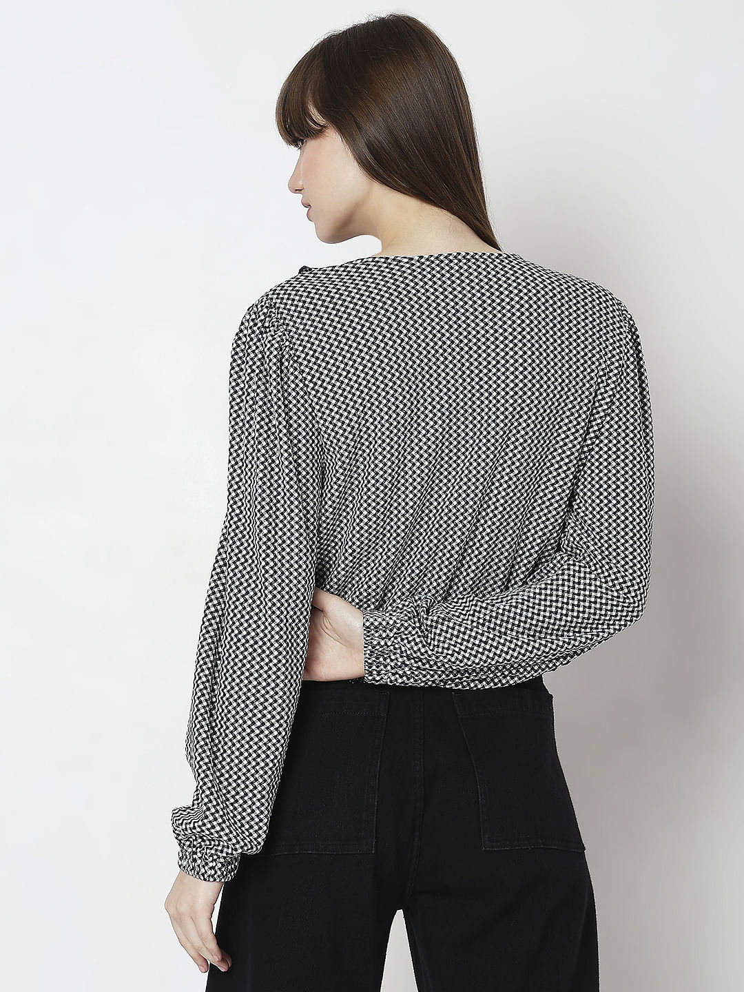 Black Printed Ruffle Detail Top - Image 4