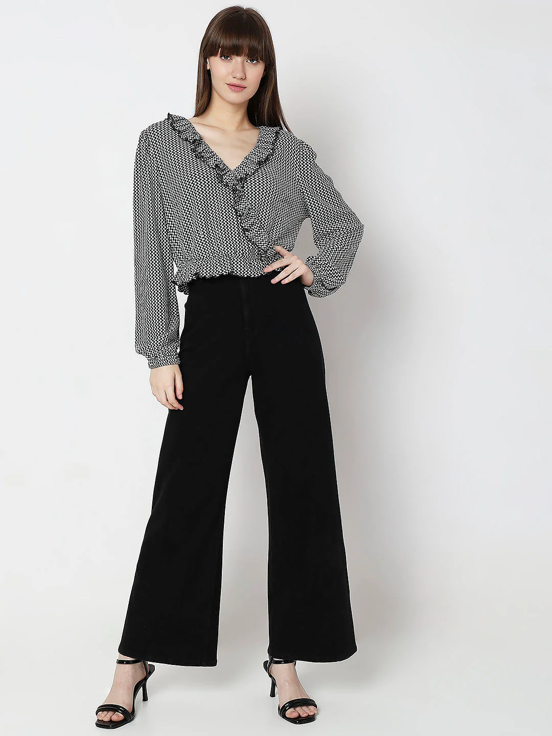 Black Printed Ruffle Detail Top - Image 5