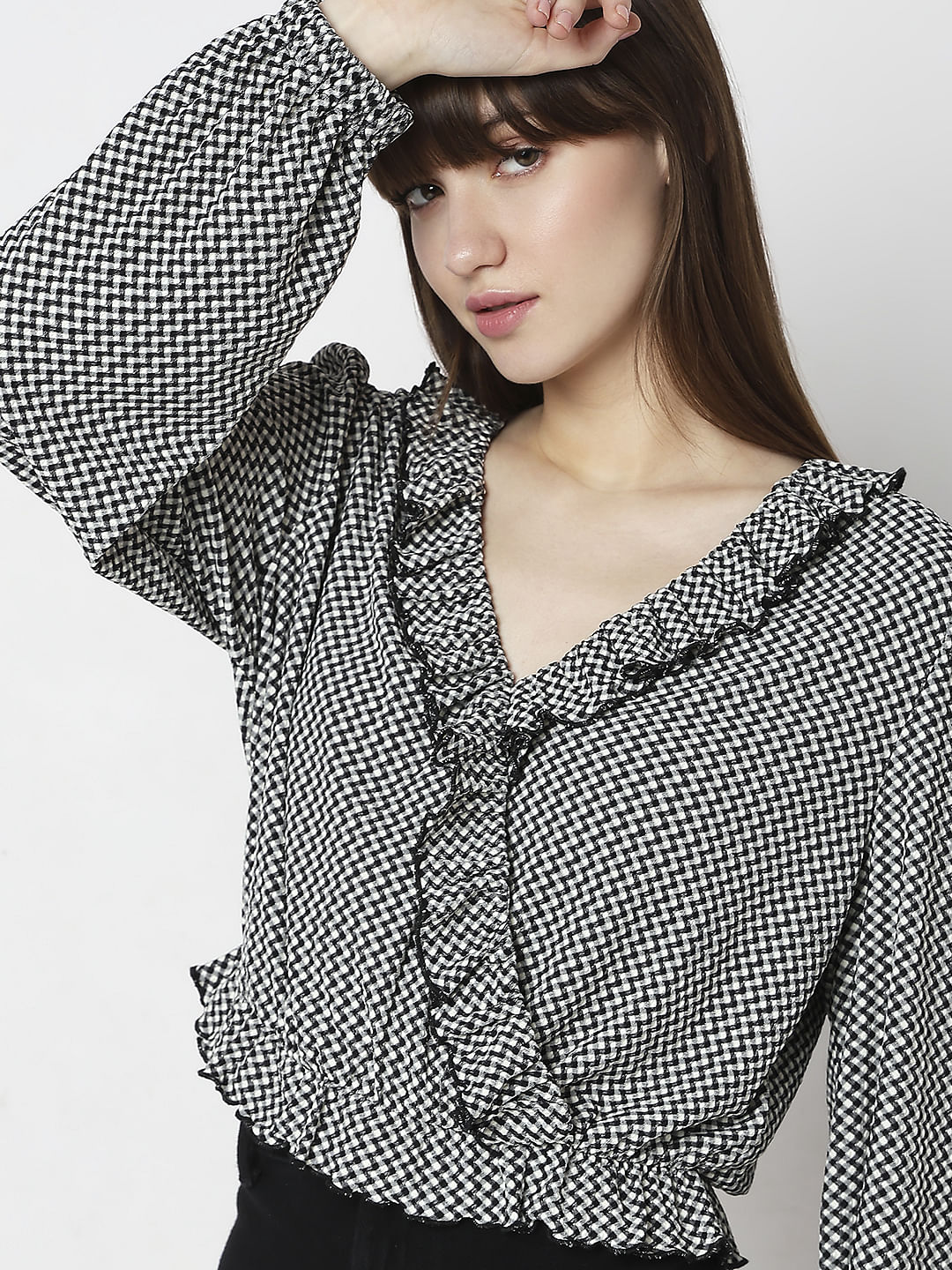 Black Printed Ruffle Detail Top - Image 6