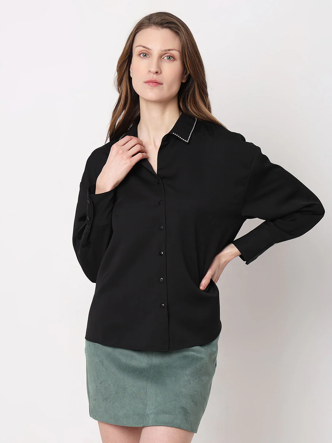 Black Studded Collar Shirt - Image 2