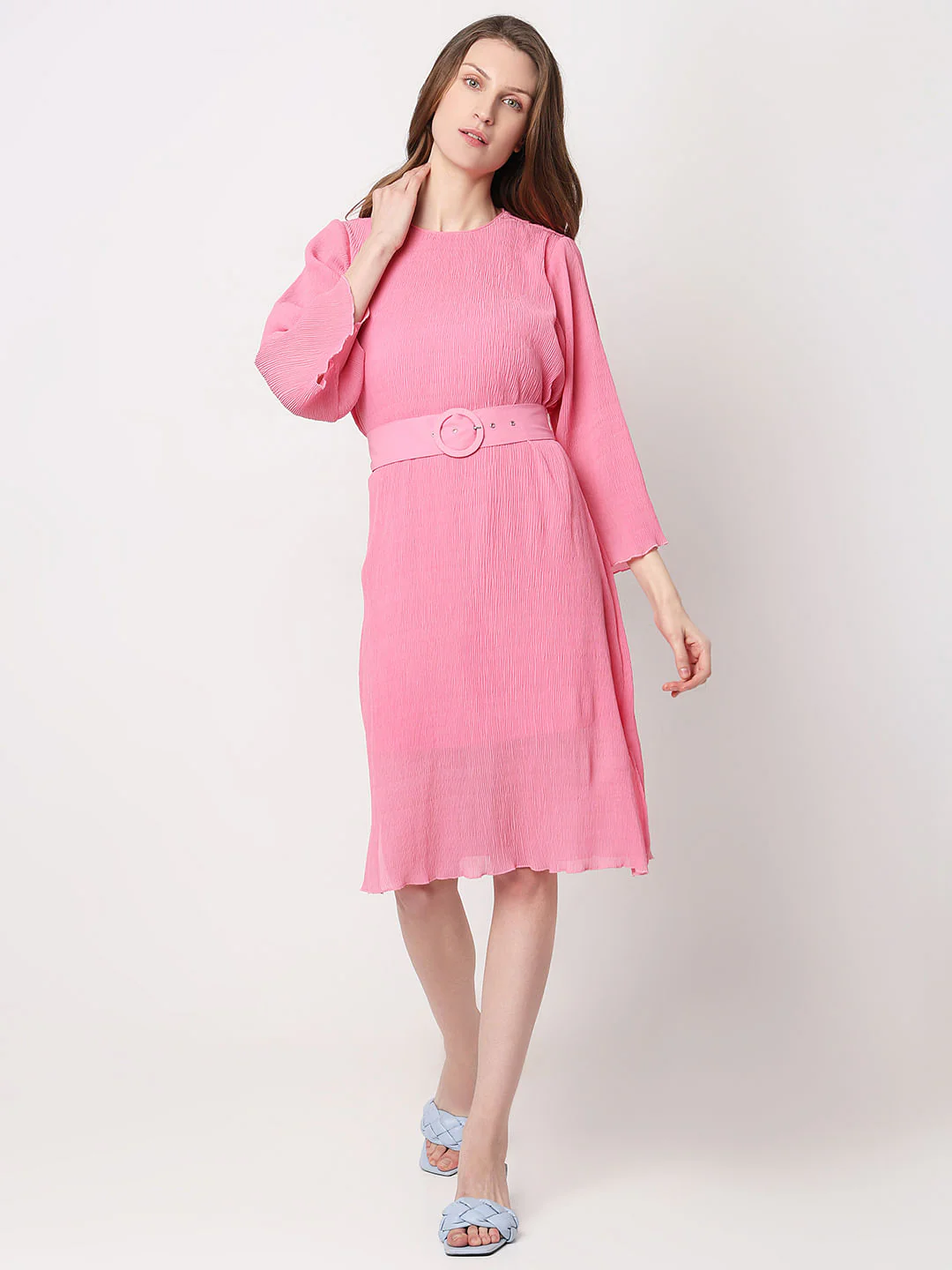 Pink Plisse Pleats Midi Dress - Image 2