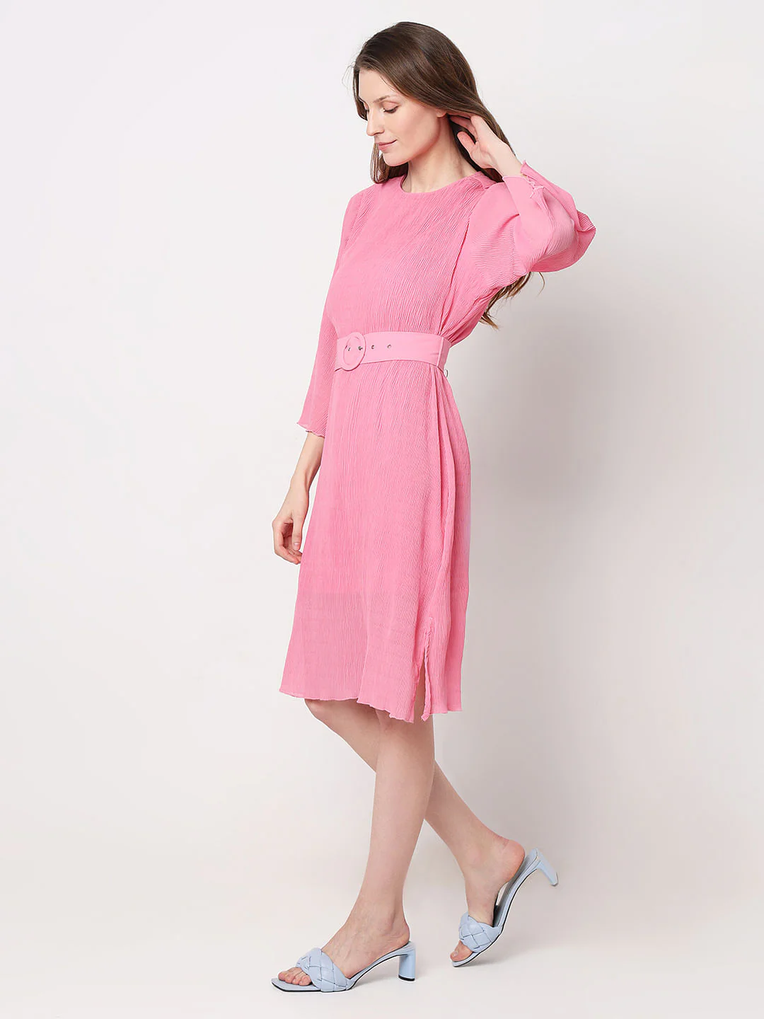 Pink Plisse Pleats Midi Dress - Image 3